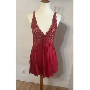 Red Baby Doll Night Gown Slip Dress Lace Size S Stretchy‎ Adjustable Straps